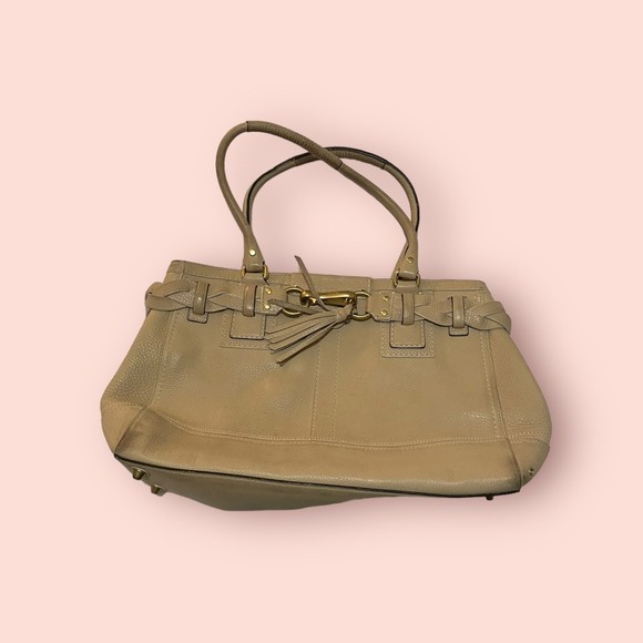 Coach 10529 Hampton Beige Pebbled‎ Leather Braided Band Large Tote Shoulder Bag - Picture 1 of 11